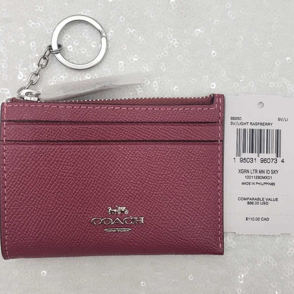 Coach Mini Skinny ID card case Leather Silvertone hardware Raspberry ID keyring - Picture 2 of 8